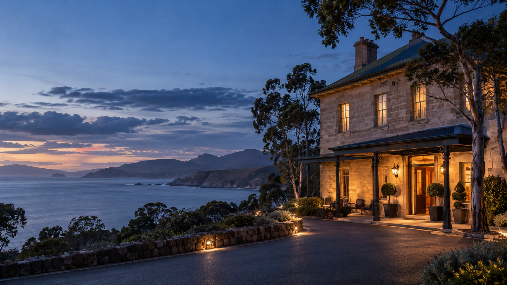 Editorial illustration of a heritage hotel beside Tasmania’s coast at blue hour