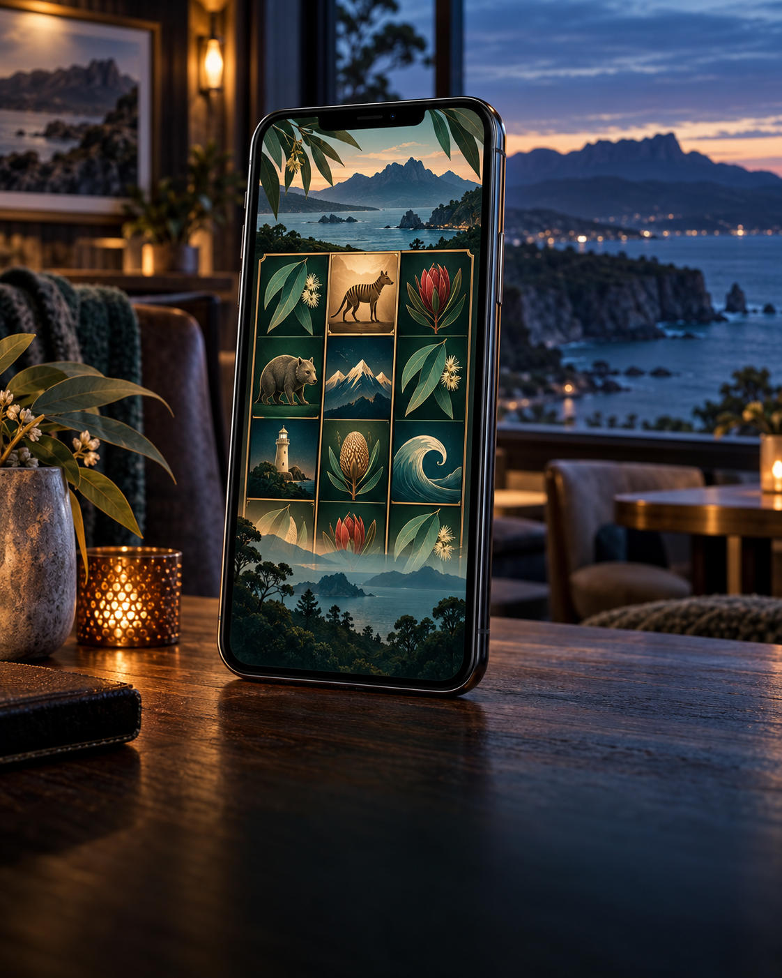 Original promotional illustration of a phone showing a fictional Tasmania-inspired slot game